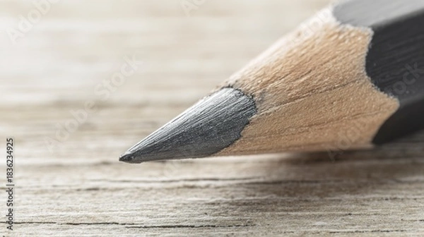 Fototapeta Closeup of a sharp black pencil tip on a weathered wooden background