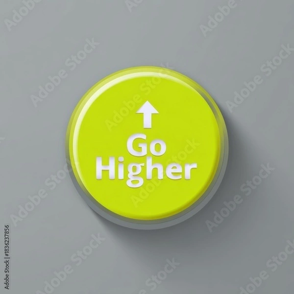 Fototapeta Bright yellow button on gray surface, upward arrow, encouraging text
