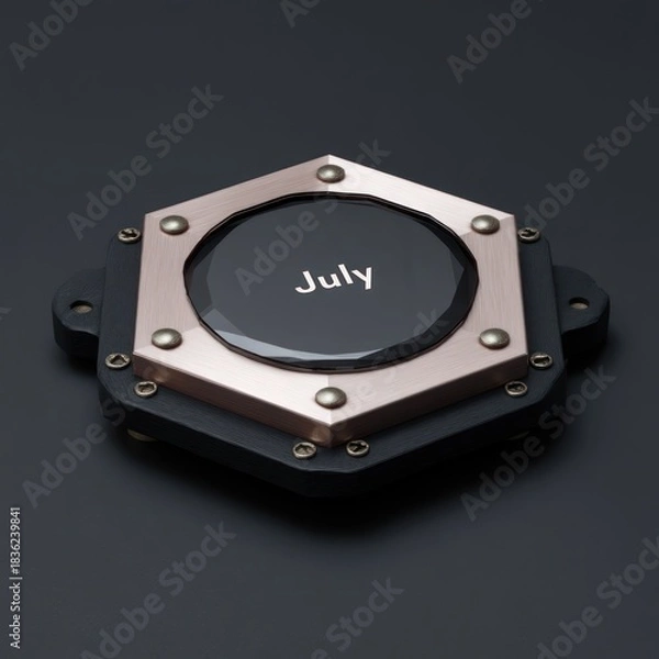 Fototapeta A geometric timekeeping device with a black center and "July" illuminated. Metallic accents