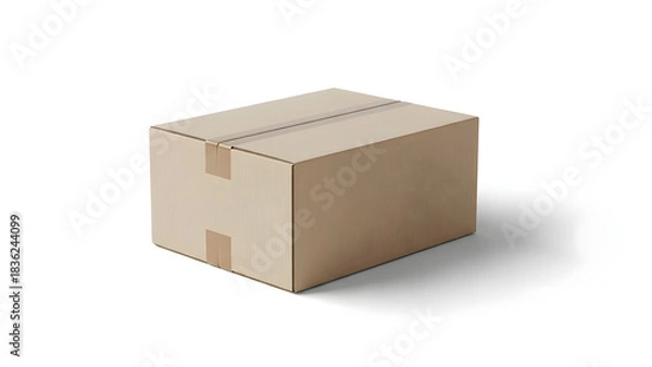 Fototapeta A closed brown cardboard shipping box with tape on a clean white background casting a subtle shadow representing delivery and logistics