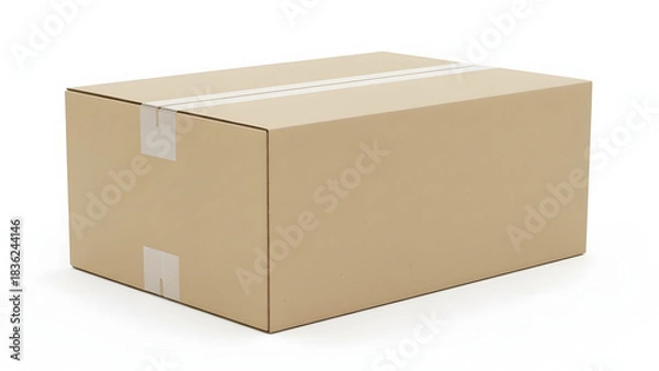 Fototapeta A simple sealed cardboard shipping box with clear tape isolated on a clean white background representing delivery and logistics
