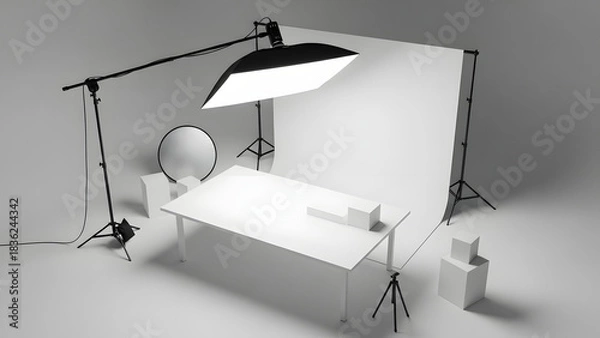 Fototapeta Professional studio setup for product photography featuring a softbox light backdrop and table with objects for a clean and illuminated still life shot