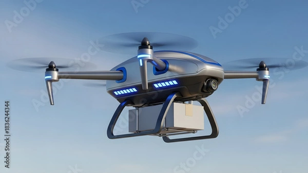 Fototapeta Futuristic advanced drone with multiple rotors and cargo attachment flying in a clear blue sky representing modern aerial technology and delivery solutions