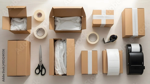 Fototapeta Overhead view of various cardboard boxes packing tape scissors and a tape dispenser arranged on a light colored surface ready for shipping and logistics