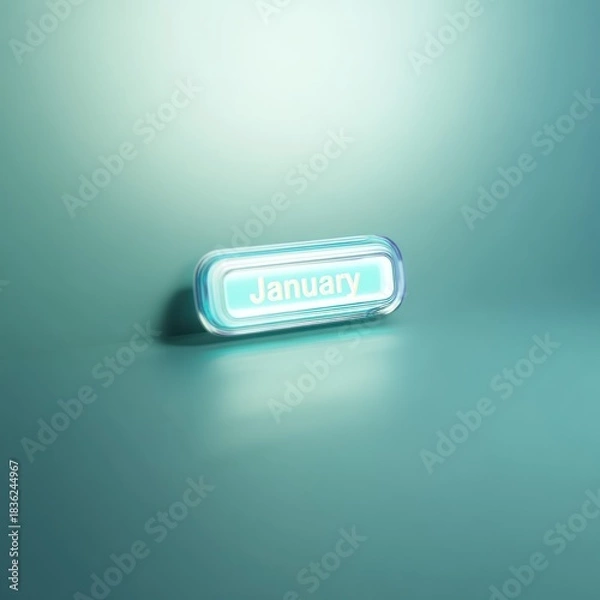 Fototapeta Illuminated capsule featuring the word "January," casting a soft glow against a cool blue backdrop