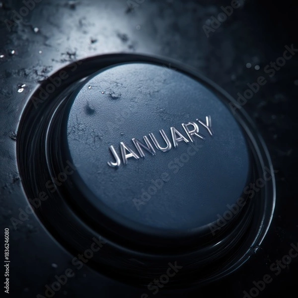 Fototapeta Close-up of a dark, textured button, with the engraved word "JANUARY". Water droplets visible