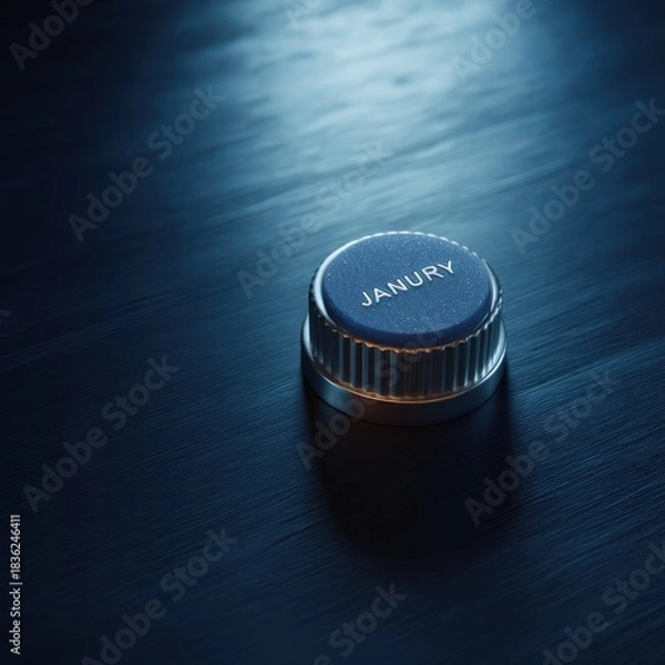 Fototapeta A close-up shot of a single blue button with "JANUARY" on top, set on a dark wood surface