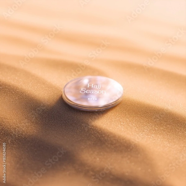 Fototapeta Close-up of a circular object on rippled sand. Soft lighting with a warm, desert-like ambiance