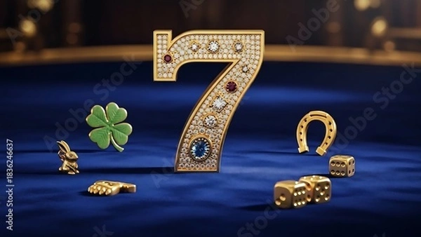 Obraz Lucky number 7, billiard balls on a green background, lucky seven number