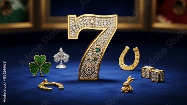 Obraz Lucky number 7, billiard balls on a green background, lucky seven number