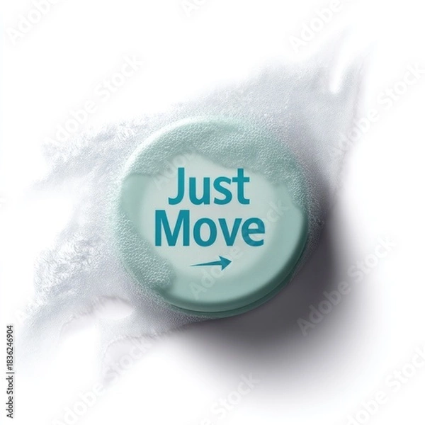 Fototapeta A round, teal, bubbly object with text "Just Move" and an arrow against a white backdrop