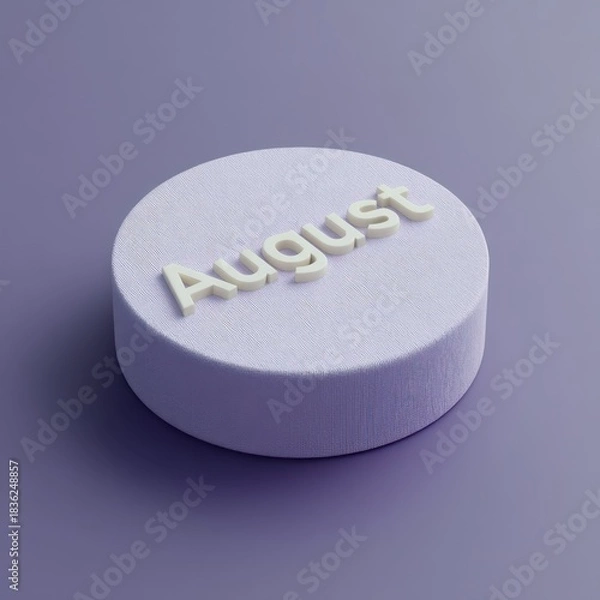 Fototapeta Pale text, "August," on a textured, cylindrical platform centered against a uniform purple backdrop