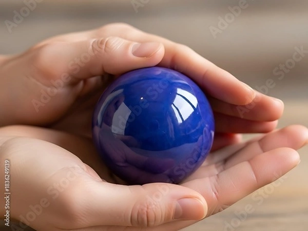 Fototapeta Hands gently cradle a smooth, reflective blue sphere in a calming scene
