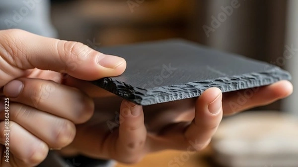 Fototapeta Hands holding textured slate surface for serving appetizers or culinary