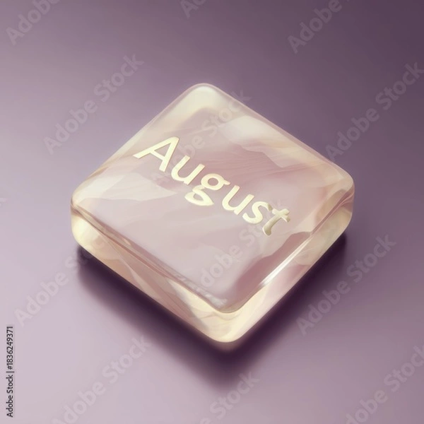 Fototapeta A translucent, square tile displaying "August" in gold against a pale, swirled interior, on a purple surface
