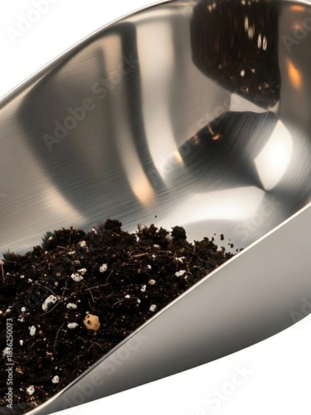 Fototapeta Metallic Scoop Filled with Soil, Gardening Preparation Concept Close-Up