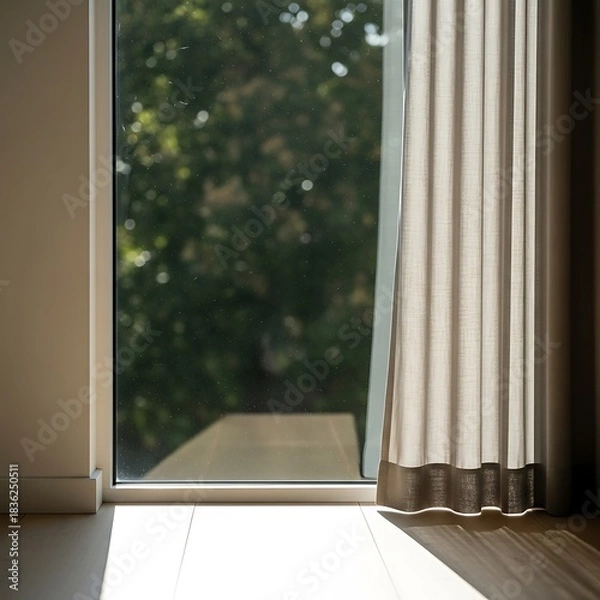 Fototapeta Morning light filters through window and curtain, creating soft illumination