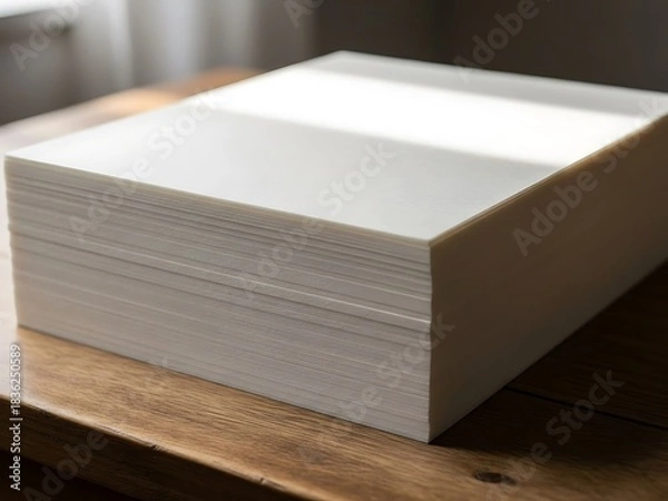 Fototapeta Neat stack of white paper sheets on wooden desk with gentle lighting