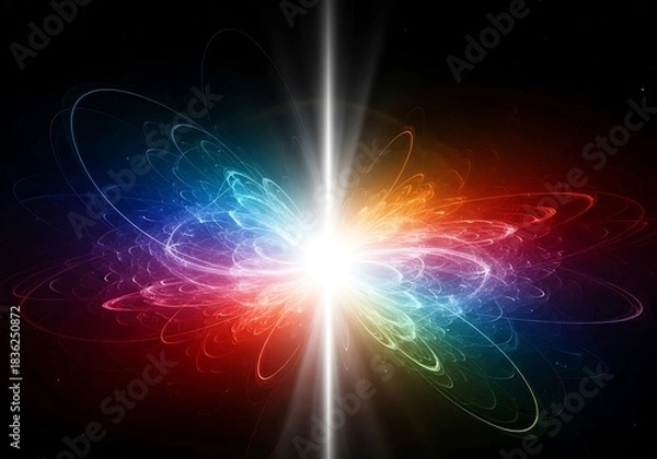 Fototapeta Radiant spectrum burst emanating with trails from center in dark space