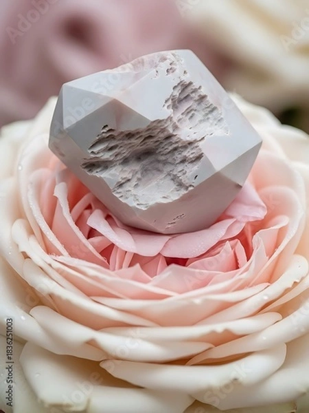 Fototapeta Raw Quartz Cluster nestled within the soft petals of a pale rose bloom