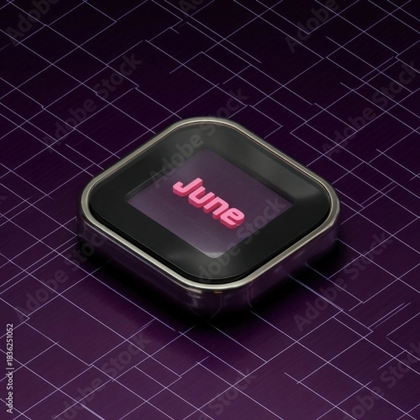 Fototapeta A 3D rendered, shiny square device displays the word "June" in red block letters