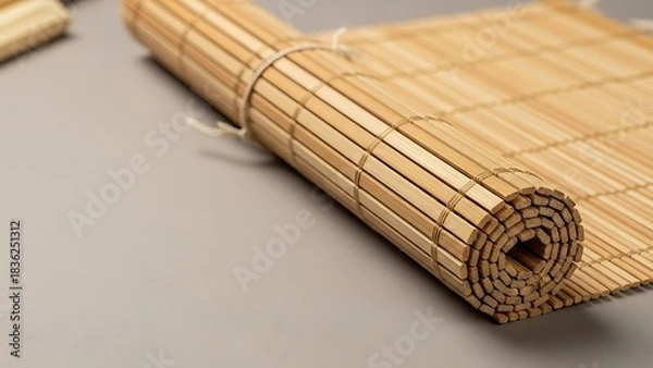 Fototapeta Rolled bamboo mat with intricate woven texture on a neutral surface