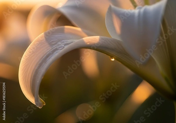 Fototapeta Subtle illumination on a pristine white lily petal with water droplets