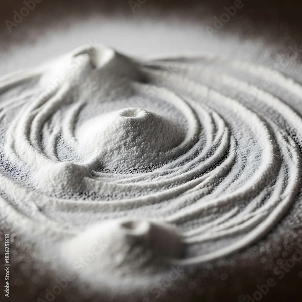 Fototapeta Symmetrical Zen Garden Flour Arrangement, Circular Piles on Dark Backdrop