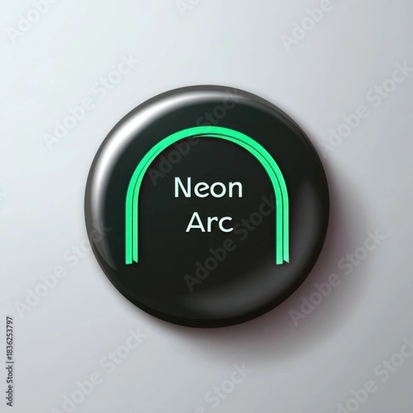 Fototapeta Glossy black circular button features a vibrant green neon arc and the words "Neon Arc" inside