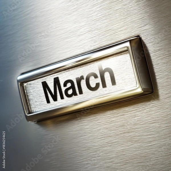 Fototapeta A close-up shot of a metallic rectangular nameplate with "March" on its surface
