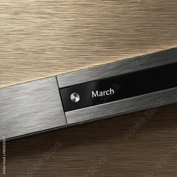 Fototapeta Detail of modern metal and wood design featuring the text "March" on a black stripe
