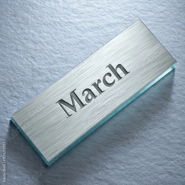 Fototapeta A metallic rectangular sign with "March" engraved. The background has a textured, silvery surface