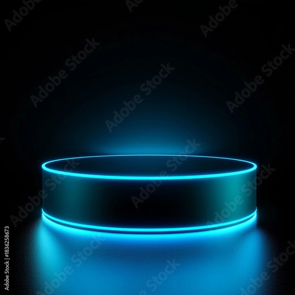 Fototapeta 青いネオンが輝く黒い円形のポディウム。近未来的なテクノロジー製品の展示用3D背景素材。