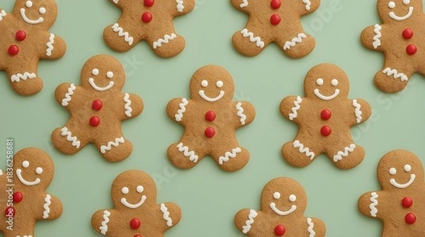 Obraz Several gingerbread man cookies are arranged across a soft green background in a repeating pattern. Each cookie is decorated with white icing to form smiling faces, buttons, and clothing details.