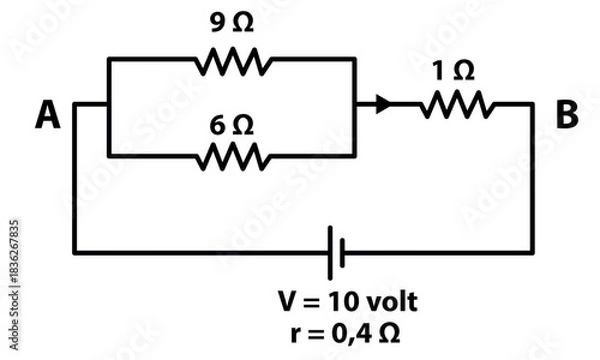 Fototapeta Electrical Circuit Diagram With Parallel 9Ω and 6Ω Resistors, 1Ω Link, and 10V Battery for Education and Electronics Projects