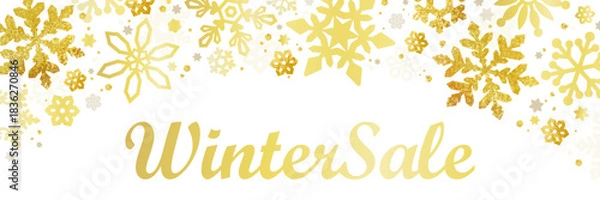 Obraz ゴールドの雪の結晶とWinterSale文字入り冬セールバナーデザイン | ベクター素材 バナー カード コピースペース