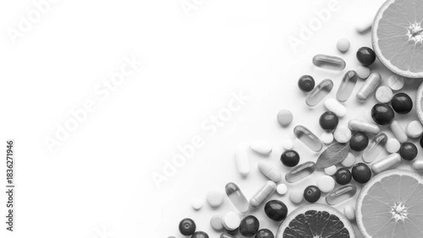 Fototapeta Assortment of colorful vitamin pills and fresh citrus fruits on a white background, promoting health and wellness.