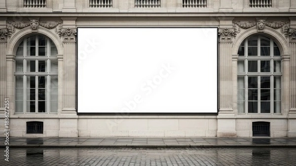 Fototapeta Blank Billboard on a Historic Building Facade with Arched Windows.