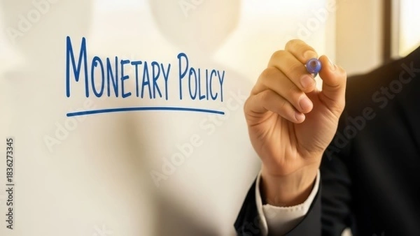 Fototapeta Businessman writing Monetary Policy on a clear board, illustrating financial strategy and economic decision-making.
