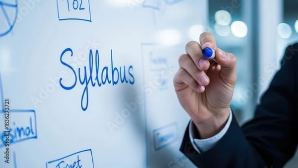 Fototapeta Businessman Writing Syllabus on Whiteboard in Office.
