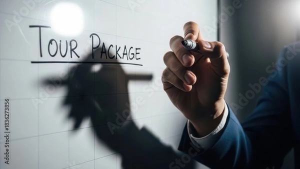 Fototapeta Businessman writing Tour Package on a whiteboard, highlighting travel and business concepts.