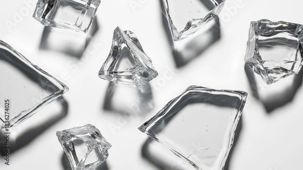 Fototapeta Clear Ice Cubes Scattered on a White Background with Subtle Shadows.