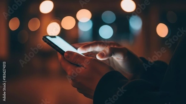 Fototapeta Hands holding a smartphone with glowing screen at night.