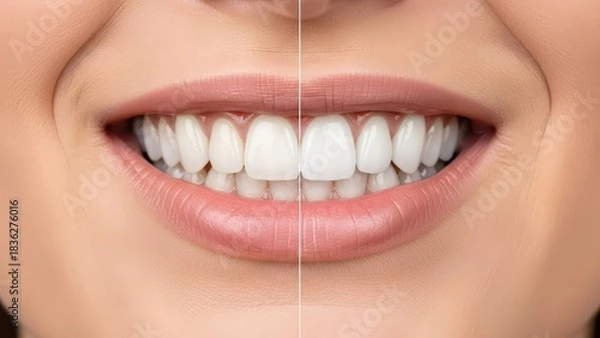 Fototapeta a womans smile showing before and after teeth whitening results, highlighting a brighter, more confident smile.