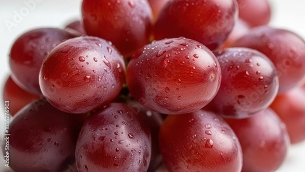 Fototapeta Fresh Red Grapes with Water Droplets on White Background.