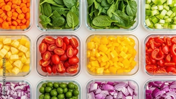 Fototapeta Colorful Assortment of Freshly Chopped Vegetables and Fruits in Glass Containers for Meal Prep.