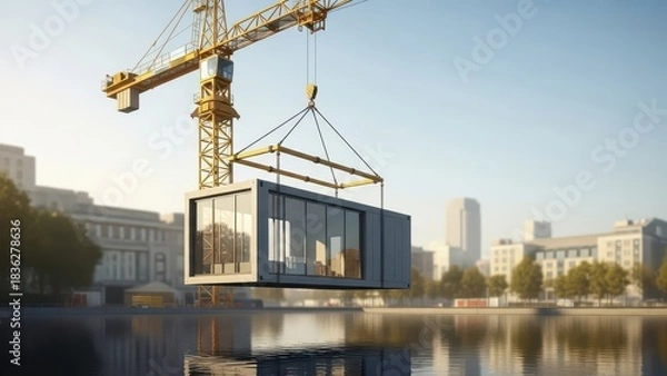 Fototapeta Crane Lifting Modular Home Unit Over Water in Urban Setting.