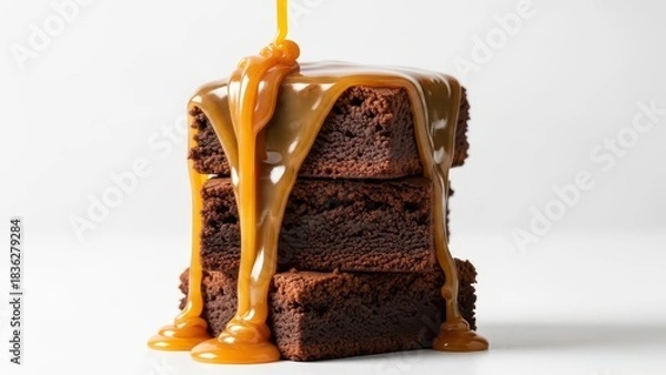 Fototapeta Delicious Stack of Chocolate Brownies Drizzled with Golden Caramel Sauce on White Background.