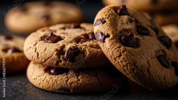 Fototapeta Delicious chocolate chip cookies stacked on a dark surface.