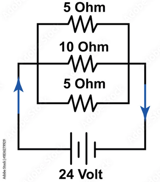 Fototapeta Circuit Diagram With Parallel Resistors 5 Ohm, 10 Ohm, 5 Ohm And A 24 Volt Battery